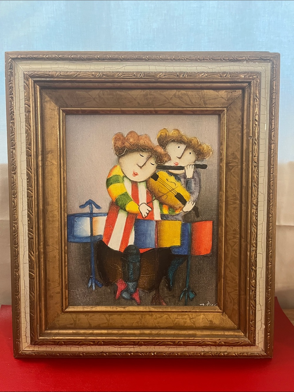 Vintage J Roybal Oil Painting: "Puffy People" Musicians, Framed 13.24”x15.25”